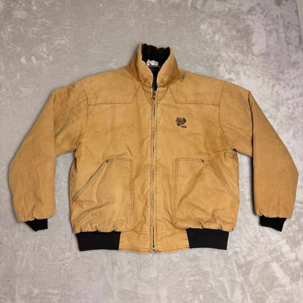 VTG Pella Big Dutch Canvas Bomber Jacket Mens L Brown Faded Flannel Lined USA